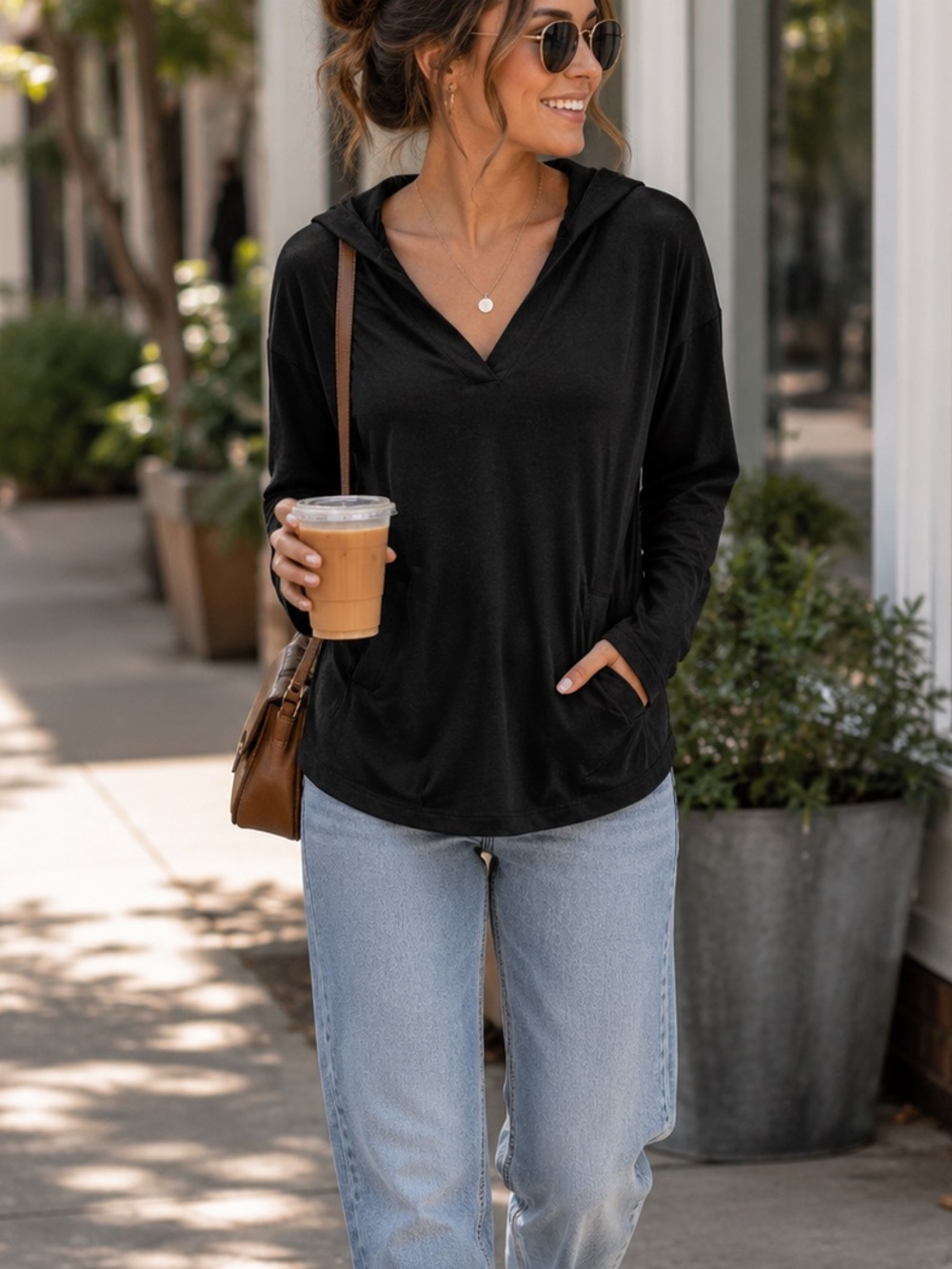 Banana Republic Luxespun Hoodie Women’s SM Black V-Neck Pockets Soft Pullover